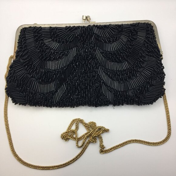 Vintage Handmade Hong Kong Black Silk Beaded Purse Prom Evening Bag Gold Chain - Picture 1 of 10
